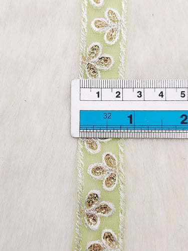 Wholesale Green Net Lace Floral Embroidery & Glitter Gold Sequins, Indian Wedding Border, Gifting Ribbon Costume Trim Fashion Trimming